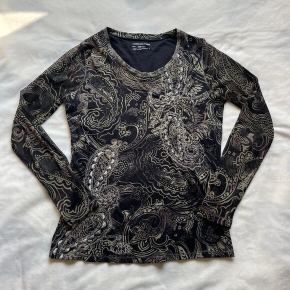 Y2K black and gold paisley long sleeve shirt with mesh sleeves size small - Picture 1 of 8